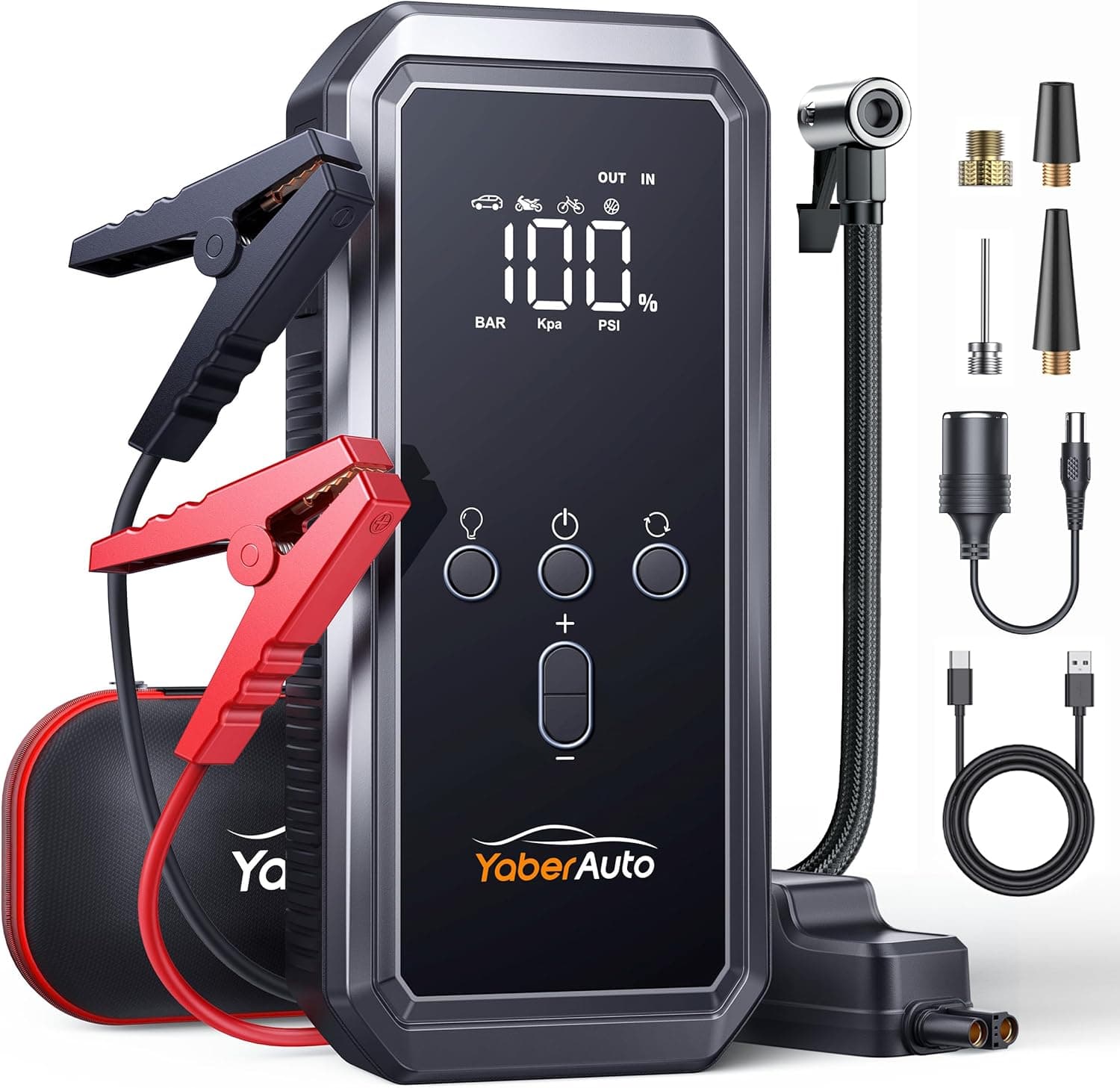 Avviatore Emergenza per Auto con Compressore 150PSI 8000A 21800mAh, YaberAuto Booster Avviamento Auto/Moto (Tutti Gas/10.0L Diesel), 12V Starter Batteria con Ricarica Rapida 18W,Uscita DC 160W,Torcia