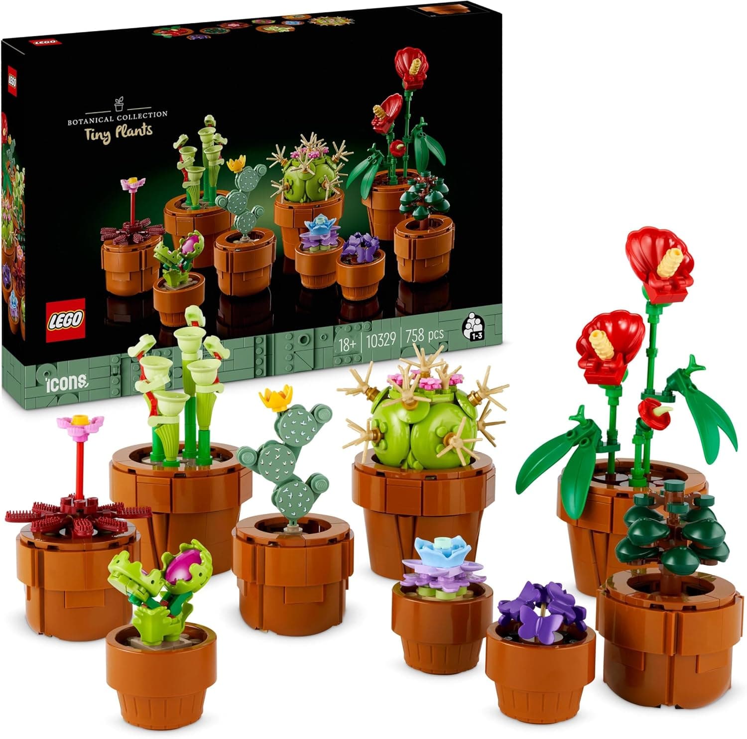 LEGO Botanicals Piantine - Set di 9 Piante con Fiori Artificiali in Vaso da Interni Inclusi Cactus Finti e Anthurium Rosso - Idea Regalo Decorazione per la Casa per Adulti, Donna o Uomo - 10329