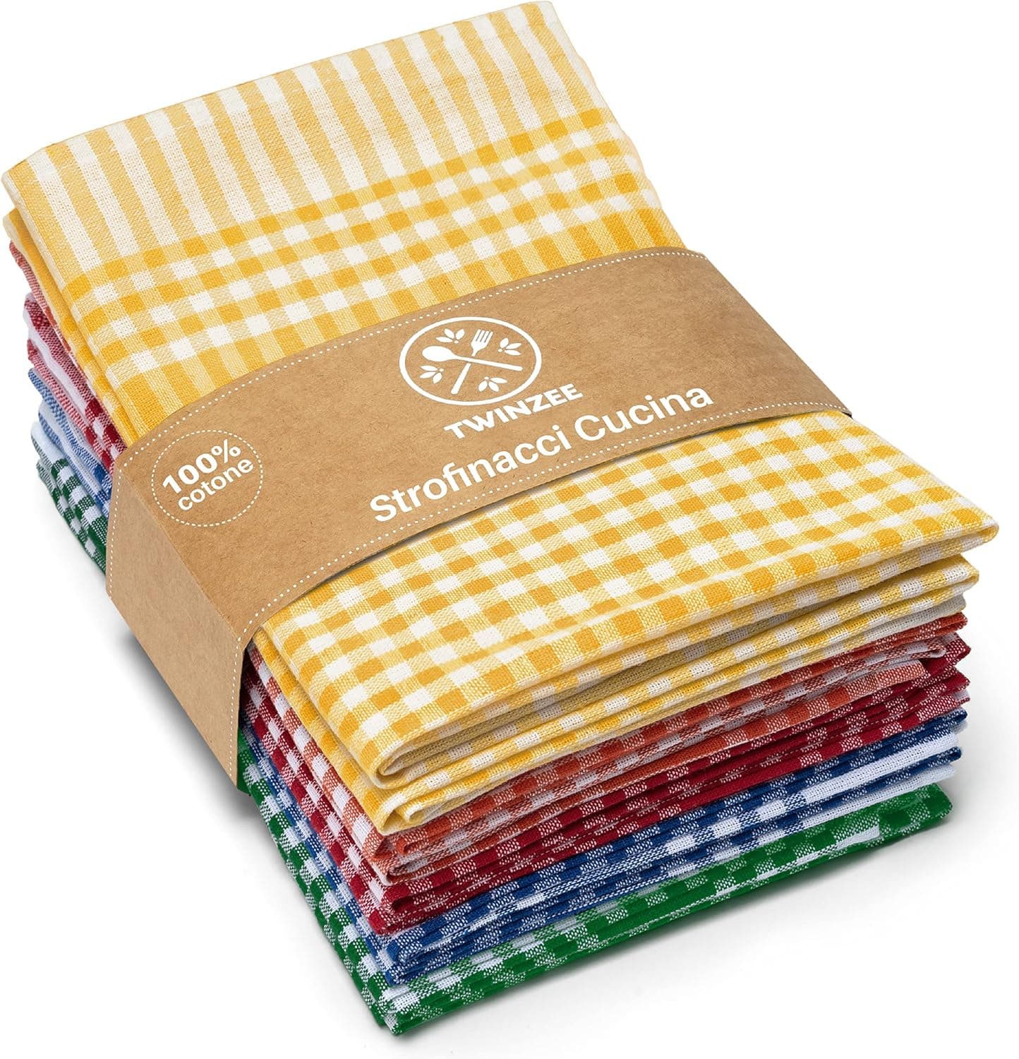 Twinzee Strofinacci Cucina Cotone (Set da 10) Quadretti - 100% Cotone - 47 x 67 cm - design retrò - Asciuga Piatti e Mani - 2 Blu, 2 Rosso, 2 Verde, 2 Arancione, 2 Giallo