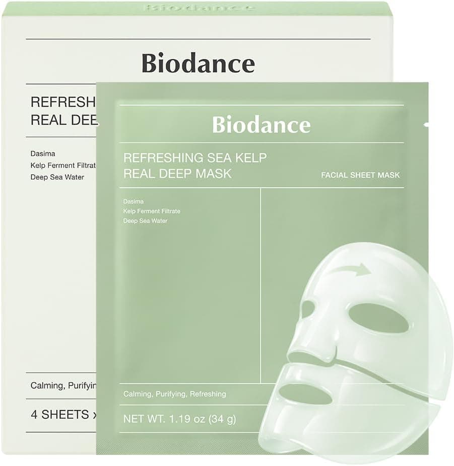 BIODANCE Refreshing Sea kelp Real Deep Mask, Overnight Hydrogel Mask, Calming, Oil & Sebum Control, Blemish Care, Korean Skin Care, Gifts for Women | 1.19oz(34g) x 4ea