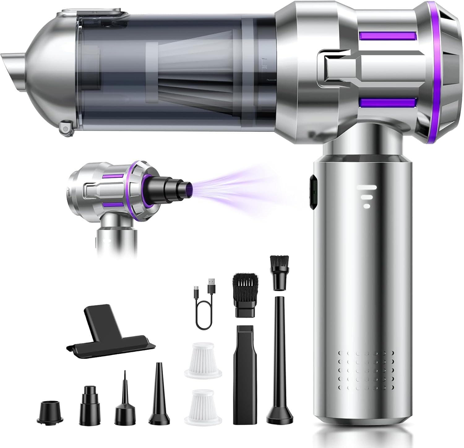 Aspirabriciole Senza Fili, 25000Pa Aspirapolvere Auto con Scarico Polvere Automatico a un Tocco, 4 in 1 Mini Aspirapolvere, Motore Brushless, Aspirazione a 3 Velocità per Peli di Animali, Auto, Casa