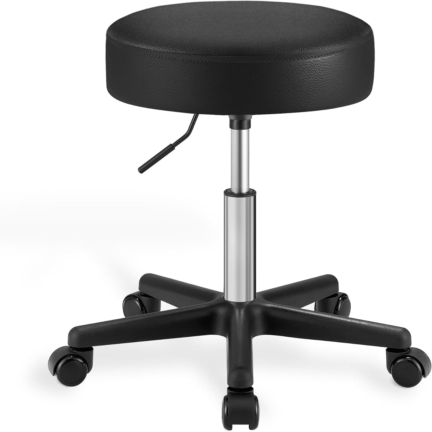 SONGMICS Sgabello Girevole con Ruote, Altezza Regolabile 46-58 cm, Sedile Imbottito Rivestito in Similpelle, Sgabello da Lavoro per Studio Ufficio Salone di Bellezza, Nero LJB61B