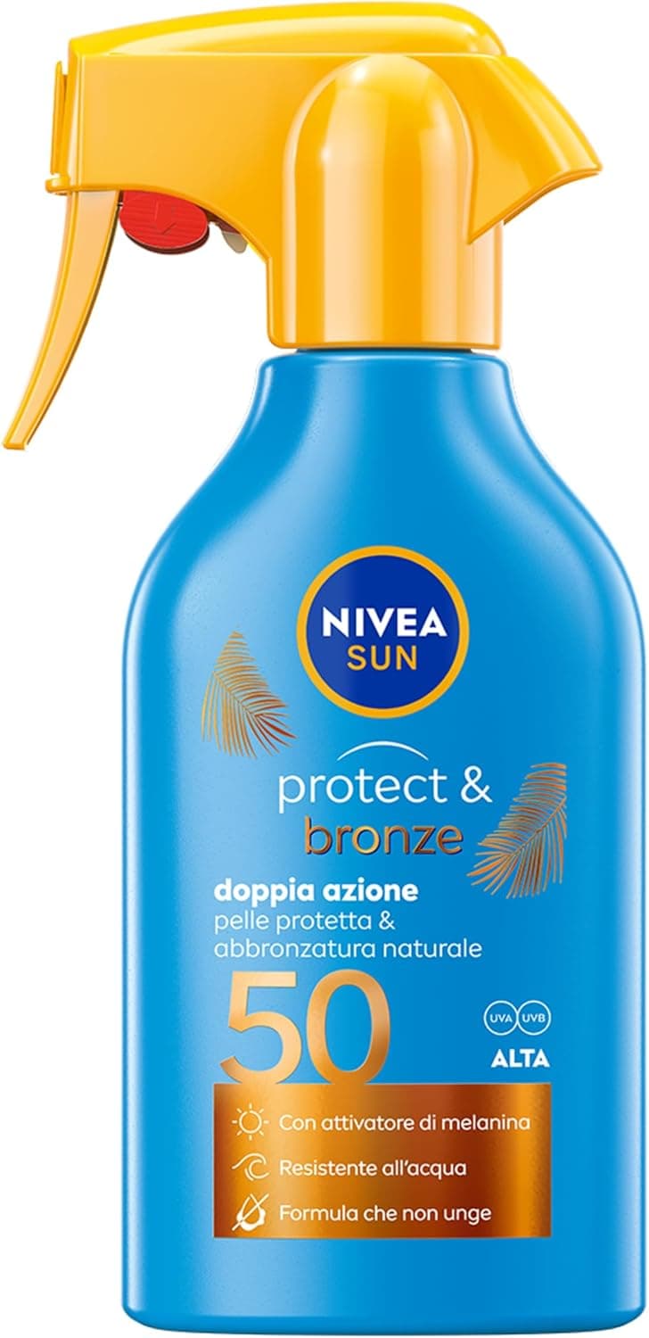 NIVEA SUN Spray Protect & Bronze SPF 50 250 ml, Crema solare 50 spray abbronzante corpo, Protezione solare 50 con attivatore di Melanina acceleratore abbronzatura, Resistente all'acqua, Non unge
