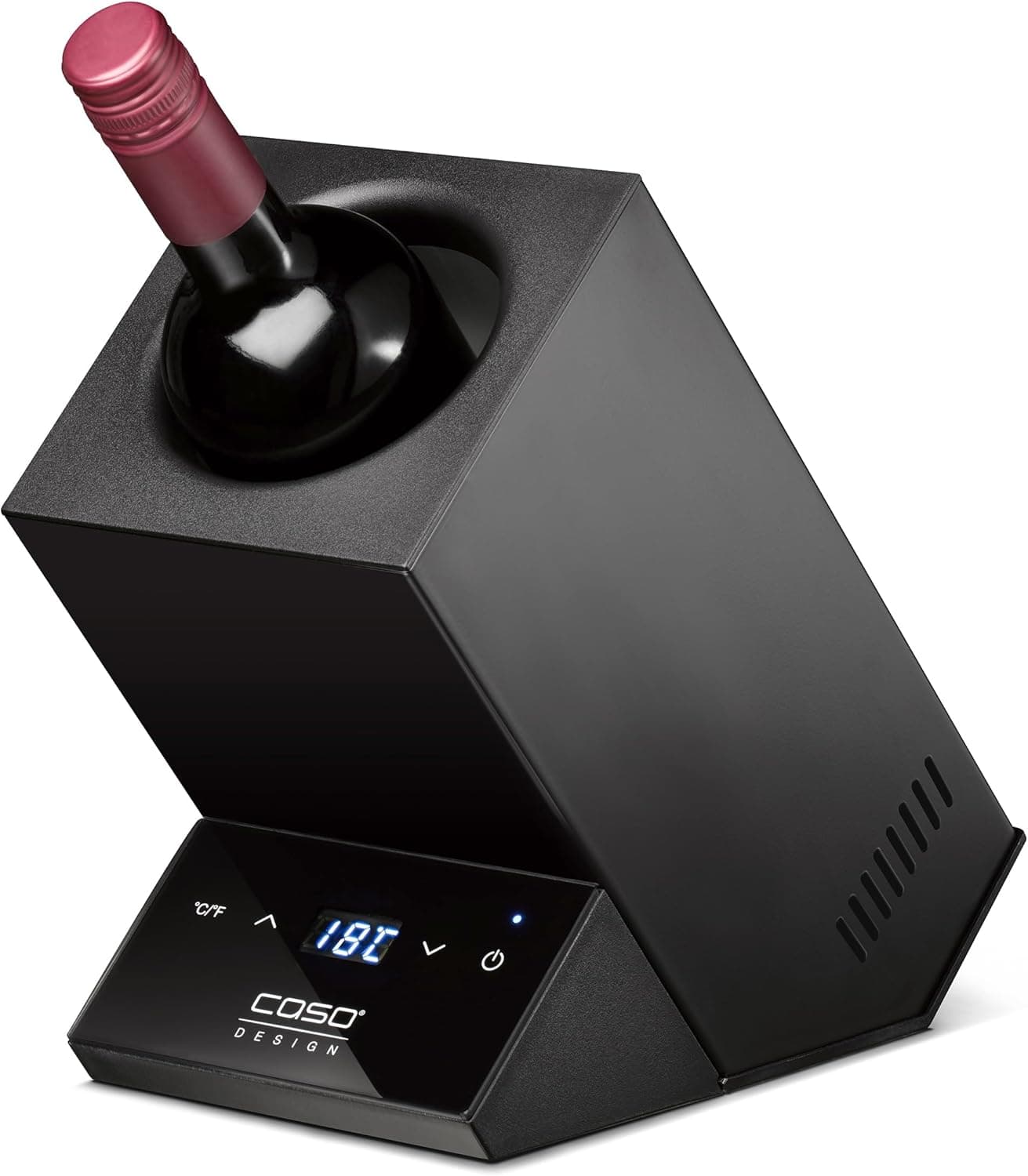 Caso WineCase One Black - Raffreddatore di vino dal design per una bottiglia, temperatura regolabile da 5 a 18 °C, adatto a bottiglie fino a 9 cm di diametro, con controllo touch, acciaio inox, nero