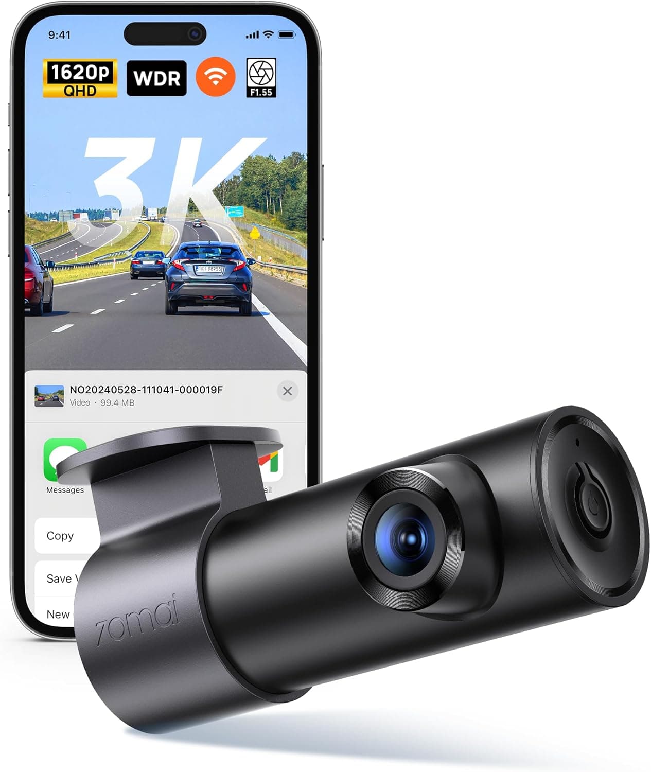 70mai Dash Cam M310 Plus 3K, 1620P Dashcam Auto, WiFi, Visione Notturna, Registrazione Time-lapse, WDR, Registrazione in Loop, Modalità Parcheggio, WiFi, APP, Max 256 GB