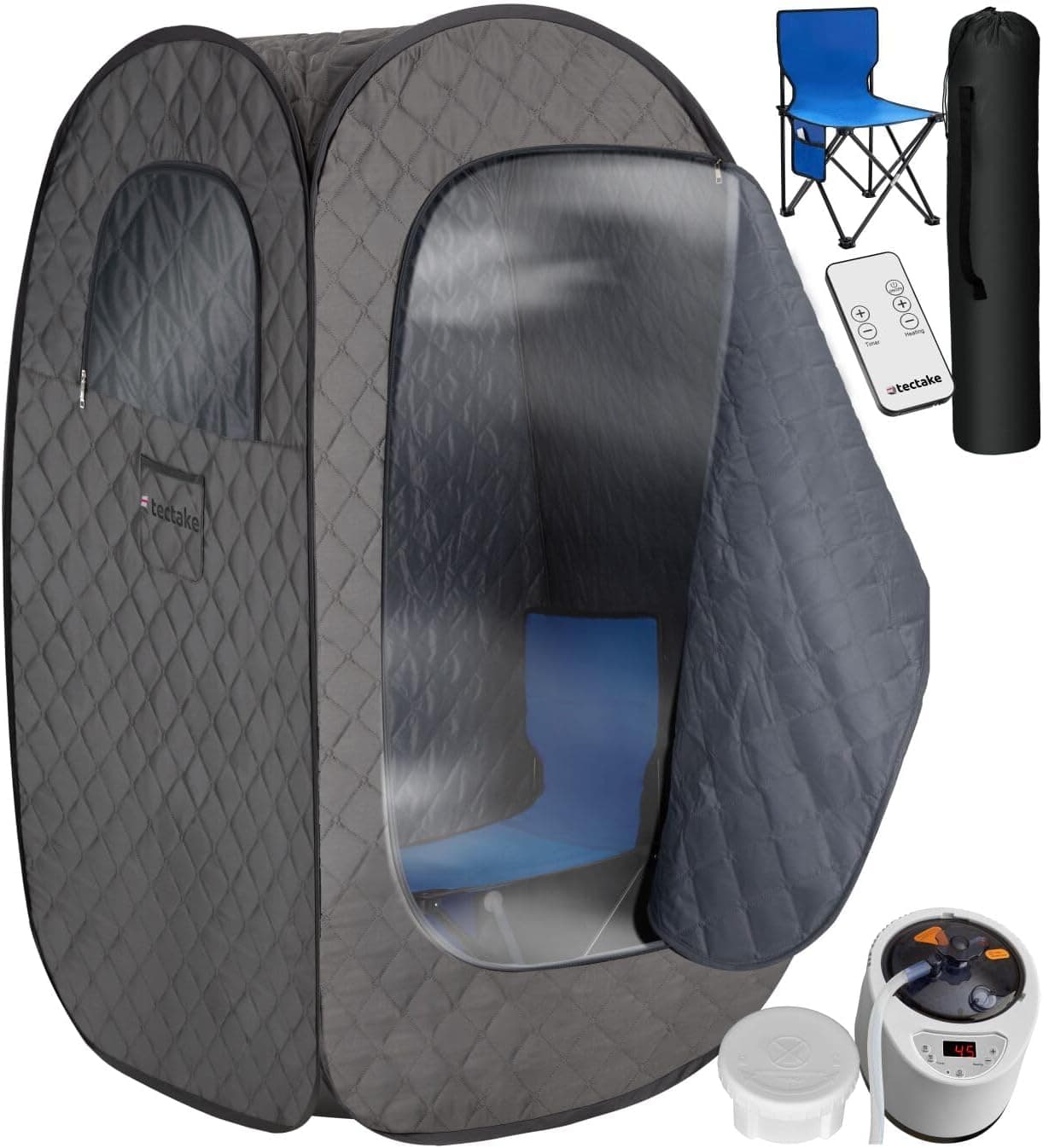 tectake® Sauna da casa a Vapore Portatile, Pieghevole, generatore 1000 W, 15 Livelli Temperatura, Bagno Steamer, Cabina Domestica Spa, diffusore Oli Essenziali, Sauna da Esterno e Interno - Grigio
