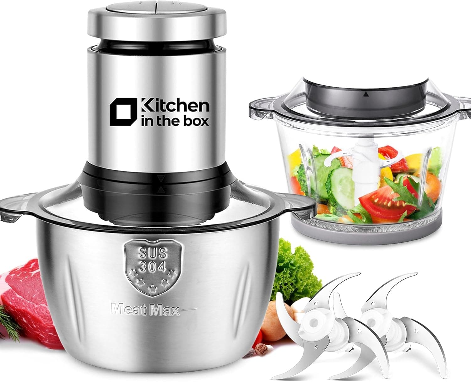 Kitchen in the box Tritatutto con 2 Ciotole(1L+2L),Tritatutto da Cucina Elettrico con 2 Set di 4 Lame in Acciaio inox,Tritatutto Elettrico a 2 Velocità per Verdure,Carne,Frutta Secca,400W
