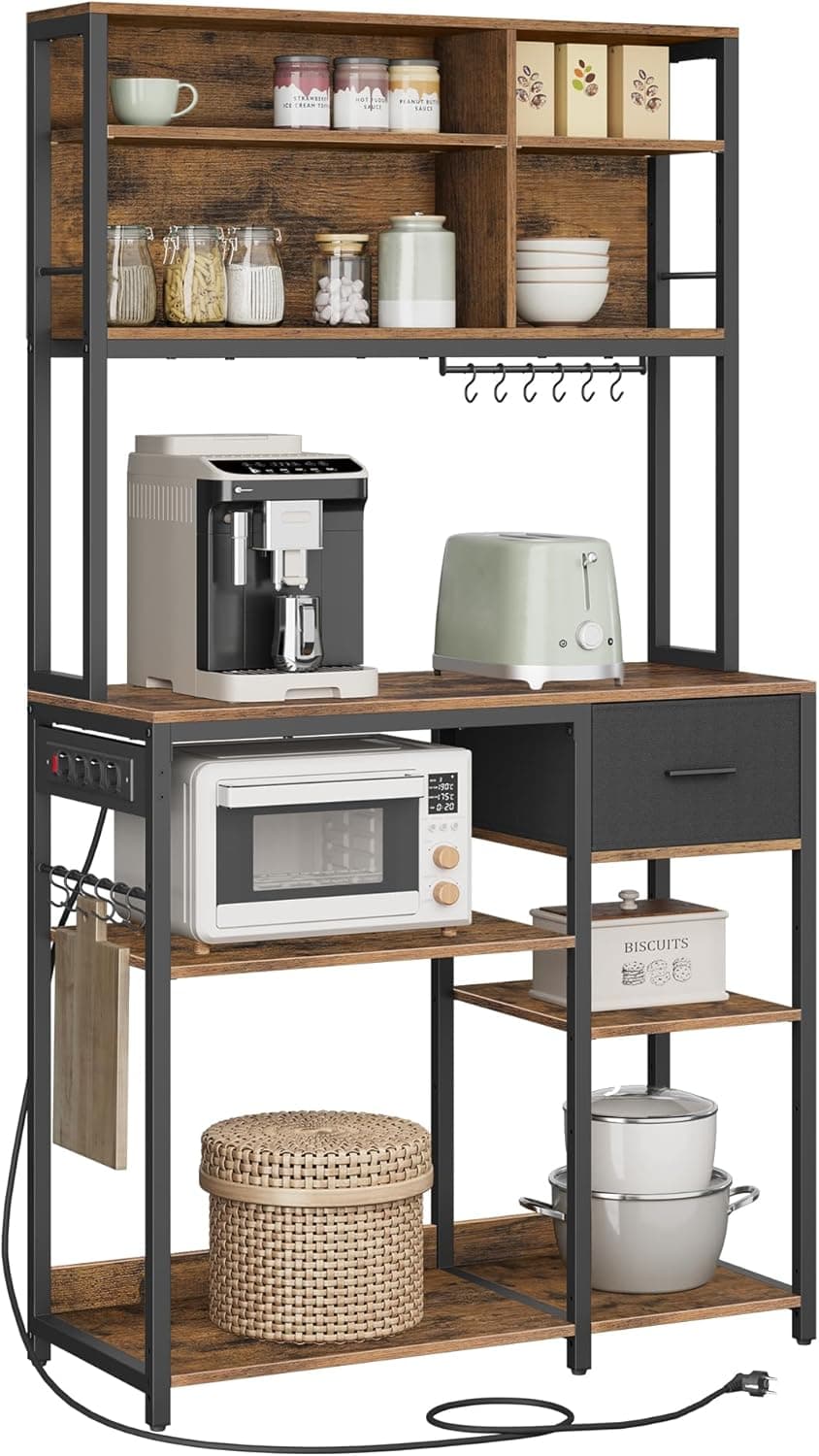 VASAGLE Scaffale Cucina con Multipresa, Mobile Cucina, 40 x 100 x 180,4 cm, Scaffale per Microonde, Ripiani Regolabili, Cassetto in Tessuto, 12 Ganci, Marrone Vintage e Nero Inchiostro KKS027K02