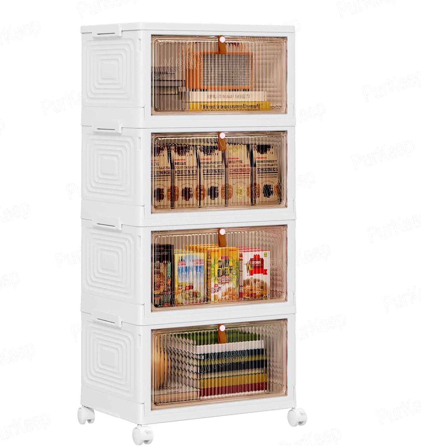 PurKeep Scatole portaoggetti con coperchio, 23 L x 4 ripiani, in plastica, con coperchio, impilabili con ruote, cassetti con porta anteriore, scatola di plastica per casa e ufficio, colore bianco