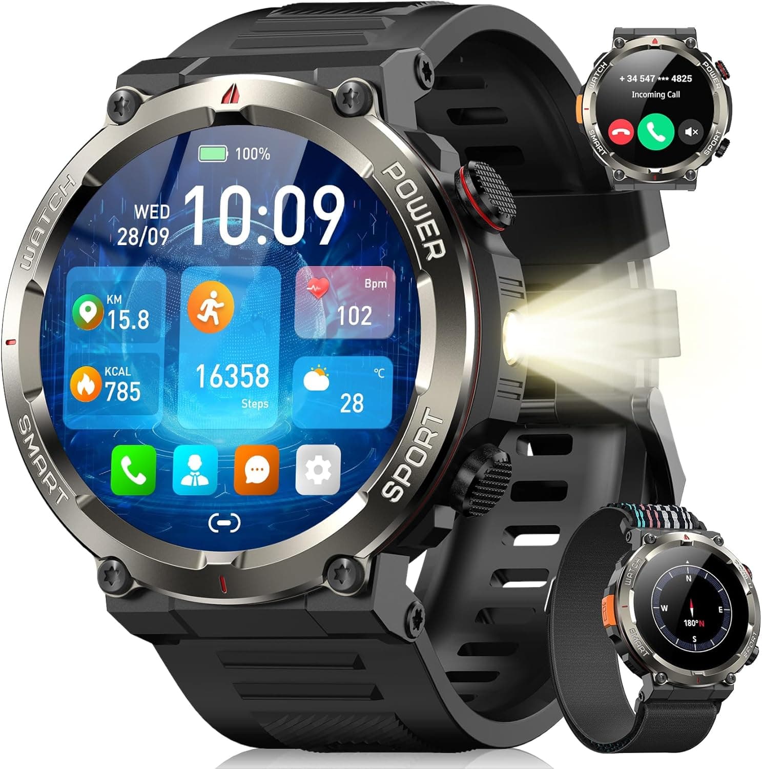 Blackview Smartwatch Uomo, Orologio Intelligente Fitness con Chiamate Bluetooth,1.45" Militari Smart Watch Tracker 100+ Modalità Sportive/Cardiofrequenzimetro/SpO2/Torcia/Bussola per Android iOS